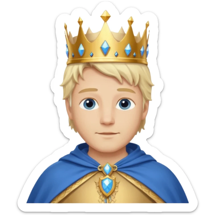 1 White king, blond hair, blue eyes, kind and benevolent vibe, gentle smile, wearing a crown and blue cloak emoji sticker