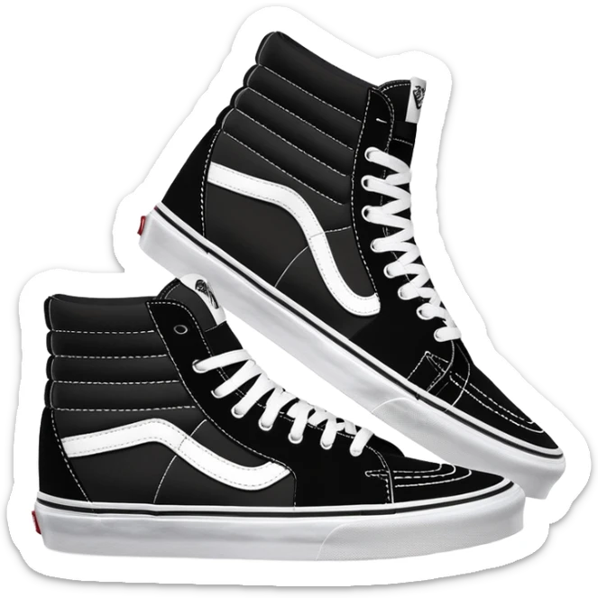 Pair of black Vans Sk8-Hi high top sneakers with white stripe, one positioned behind the other, showing the signature side stripe, black canvas and suede sticker