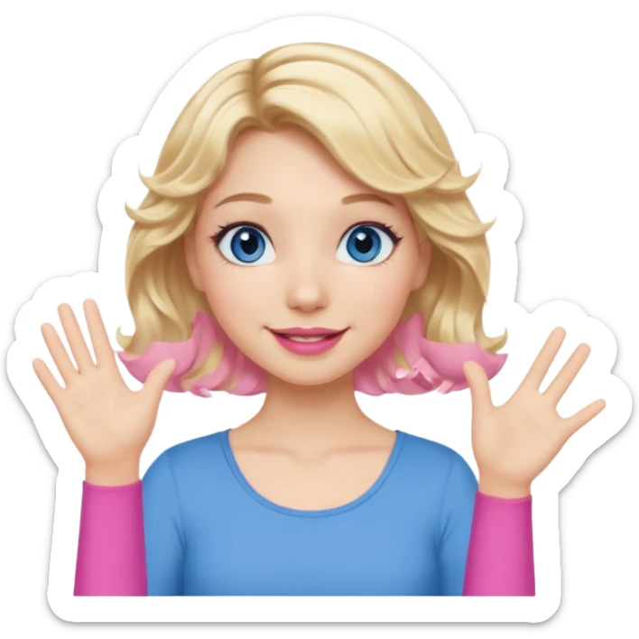 Girl Blonde short wavy hair,  blue eyes, cute blue top, long lashes, pink lips, waving hello  sticker