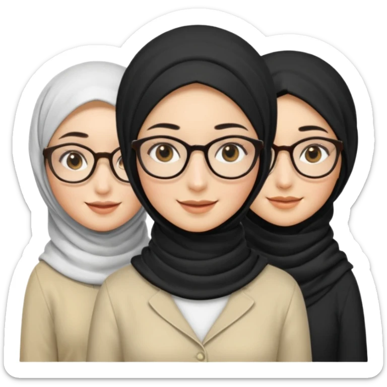 White hijabi girl with black eyes with another girl have long black hair wearing glasses with  another another girl have curly short  honey hair and wearing white glasses  sticker