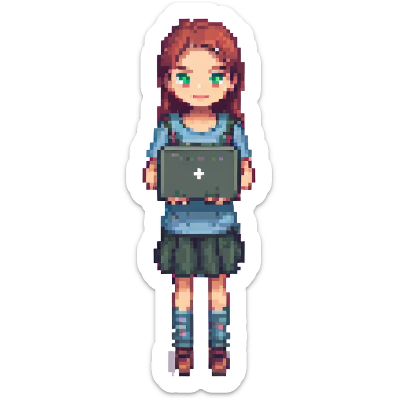 A girl with a pink laptop sticker