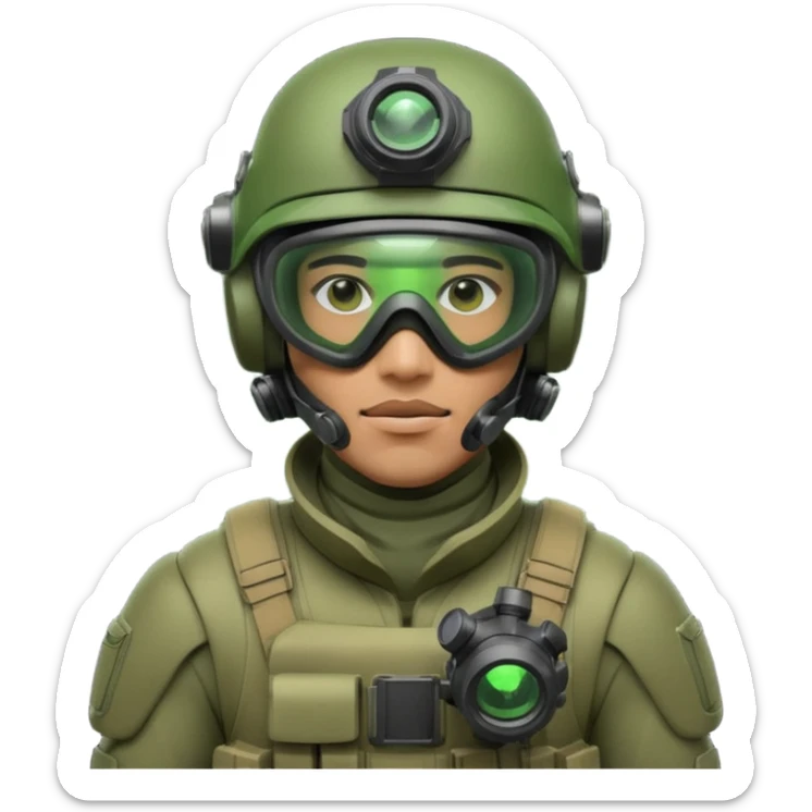 male futuristic soldier in green high-tech gear, helmet, mask, and night vision goggles, cool and brutal sticker