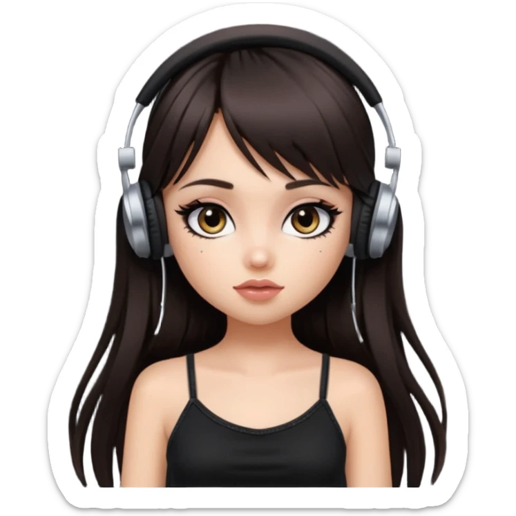 generate a pretty bratz girl in black cami top, dark brown straight long hair with bangs, eyeliner on, listeninh to music sticker