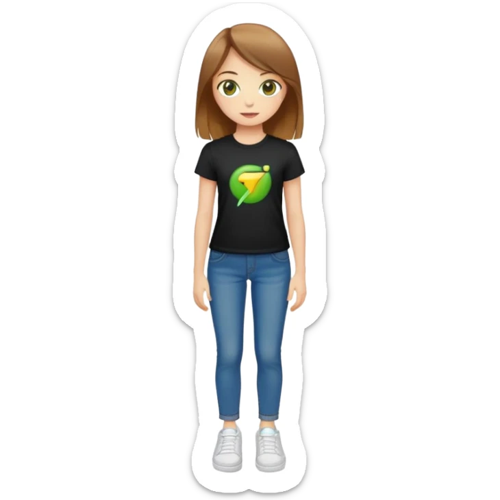 Create an emoji with a picture of a girl with straight light brown hair, yellow-green eyes, wearing a tight black T-shirt, blue wide jeans and white sneakers sticker
