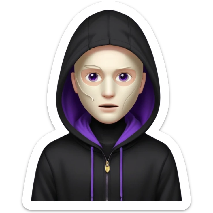 non human male cartoon character related to a shadow, with all black clothes, focusing a black hoodie, and a black versace face mask covering his entire face, just his purple shadow eyes making a light bloom sticker
