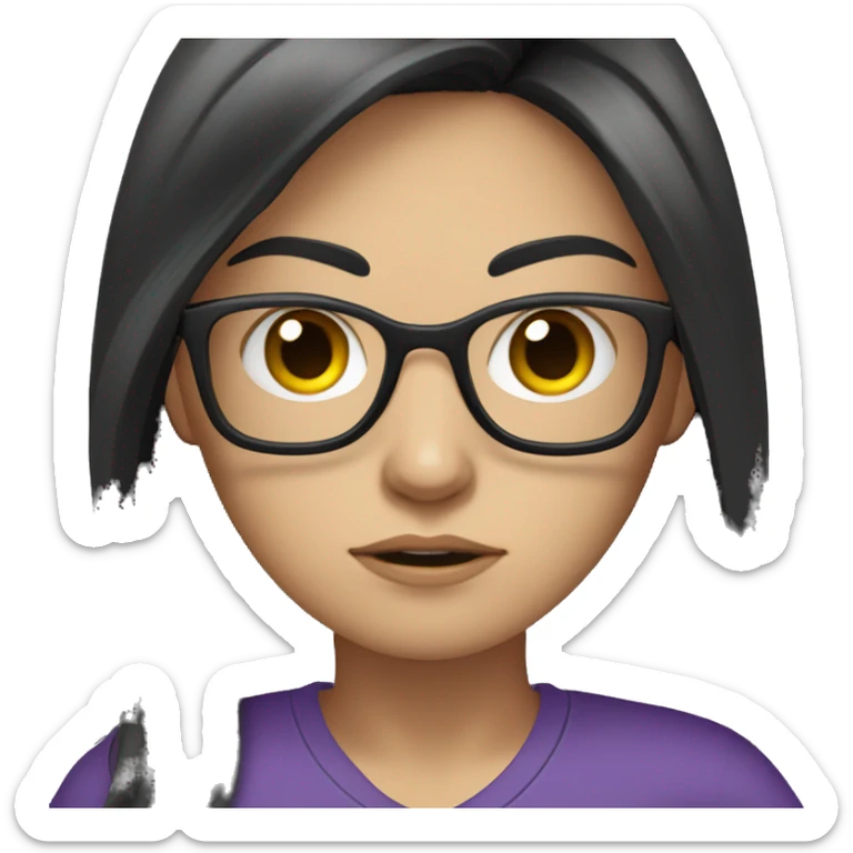 white girl, angry scowling, purple t-shirt, long black hair, wearing glasses, with arms crossed over chest. sticker