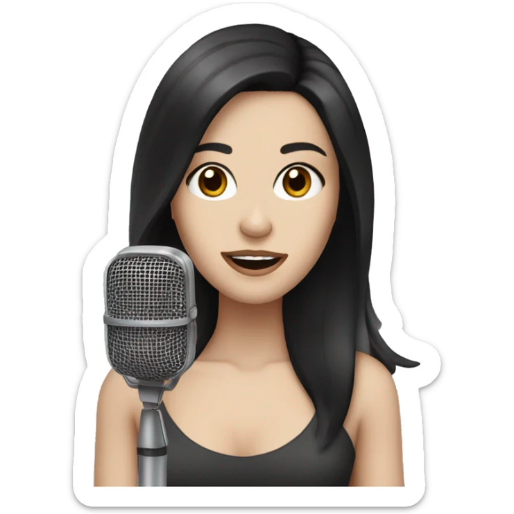 a woman with long black-brown hair, hazel eyes, pale skin, singing into a microphone sticker