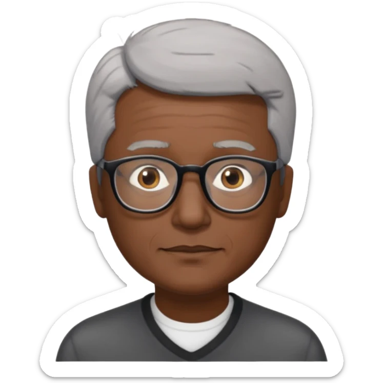 man 60 short grey hair, brown eyes small black rectangle glasses a little bit of dark sking sticker