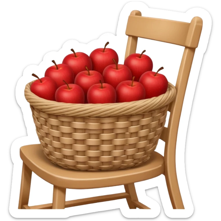 woven basket with apples and cloth on a white wooden chair, brown sticker