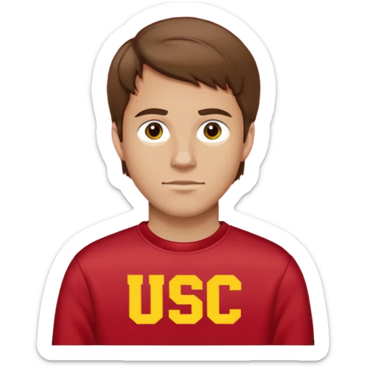 white man with brown hair in a red sweatshirt with USC in yellow letters sticker