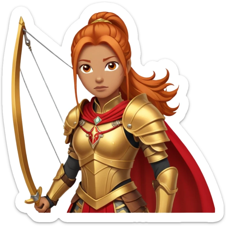 a strong woman with tan skin, long ginger ponytail, and fierce eyes. She wears a warrior’s outfit with gold and red armor, including a breastplate, armguards, and a long cape. She holds a bow,  sticker
