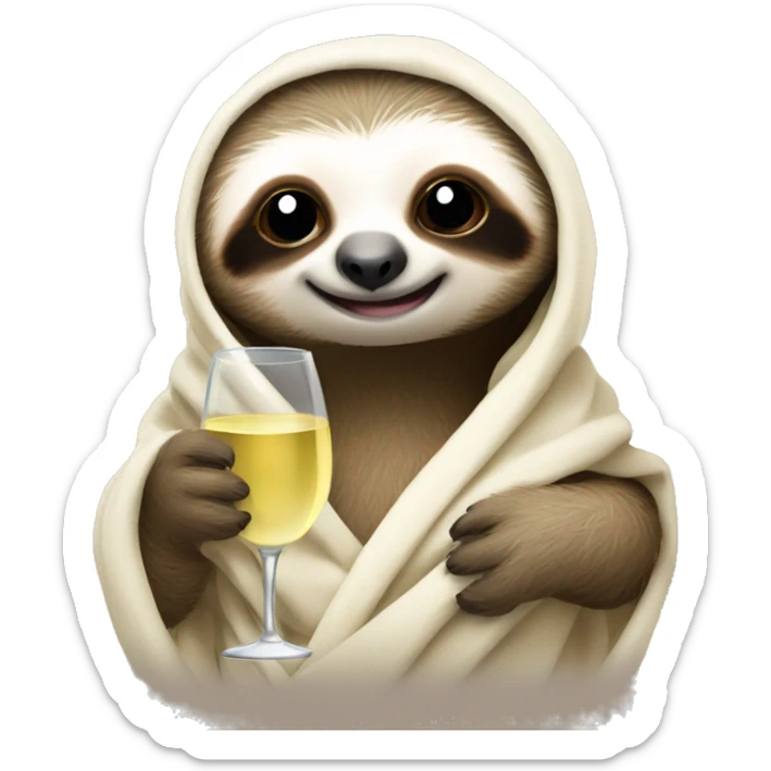 cute baby sloth wrapped in blanket holding a glass of white wine/prosecco sticker