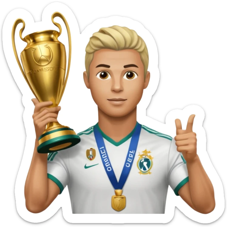Cristiano Ronaldo holfing the champions league with noodle hair a bit longer noodle hair with a bit of blonde highlights and tge hair xoming down a bit just a bit of blonde not completely sticker