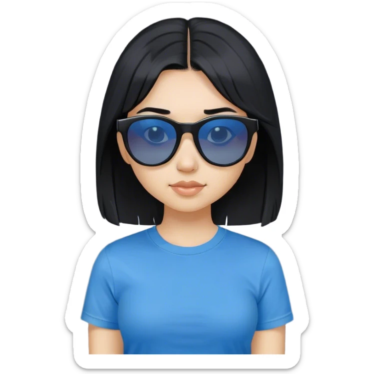 A girl with black bob hair with pony, wearing black sunglasses and a blue t-shirt. sticker