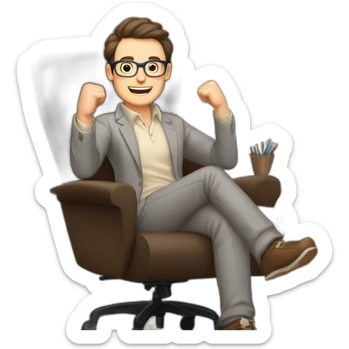 Joyful Celebrating victory Hands up Pale skinned Fit Man With dark brown hair in gray jacket, beige office shirt, Brown pants and vintage glasses sitting In a soft chair sticker