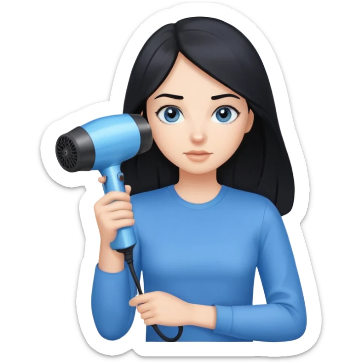 a girl with black hair, blue eyes in a blue shirt and with a hair dryer in her hands sticker