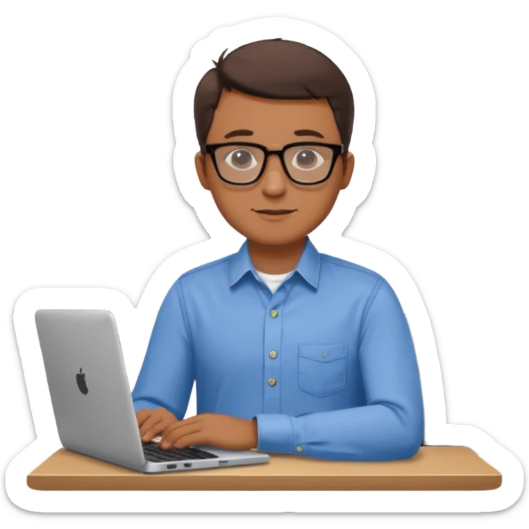 Create an emoji of a professional agronomist in an online video call. Sitting at a desk with laptop, wearing a shirt and glasses, friendly and confident expression, minimal flat design, bright colors, vector style, white background. sticker