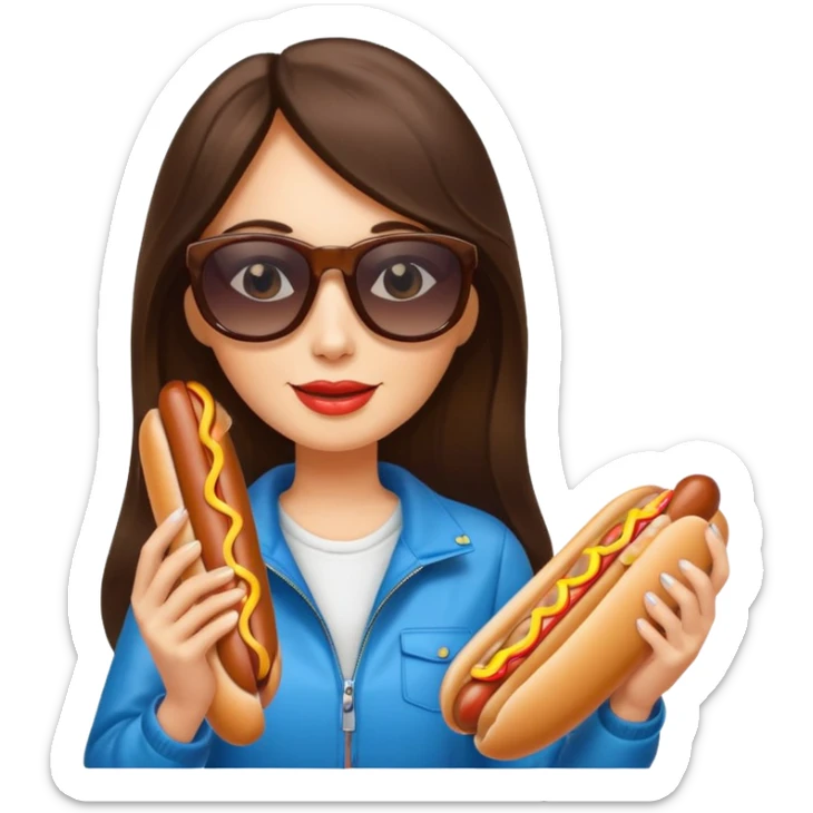 tourist brunette long hair woman with sunglasses holding hot dog sticker