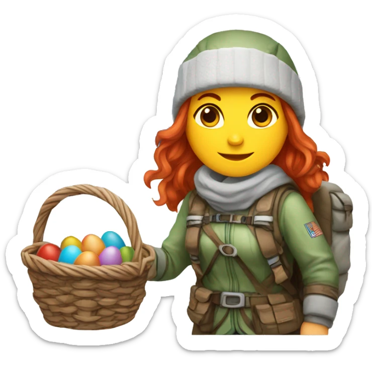Greek Female winter mountaineer red hair white skin climbing with Greek Flag and Easter eggs basket sticker