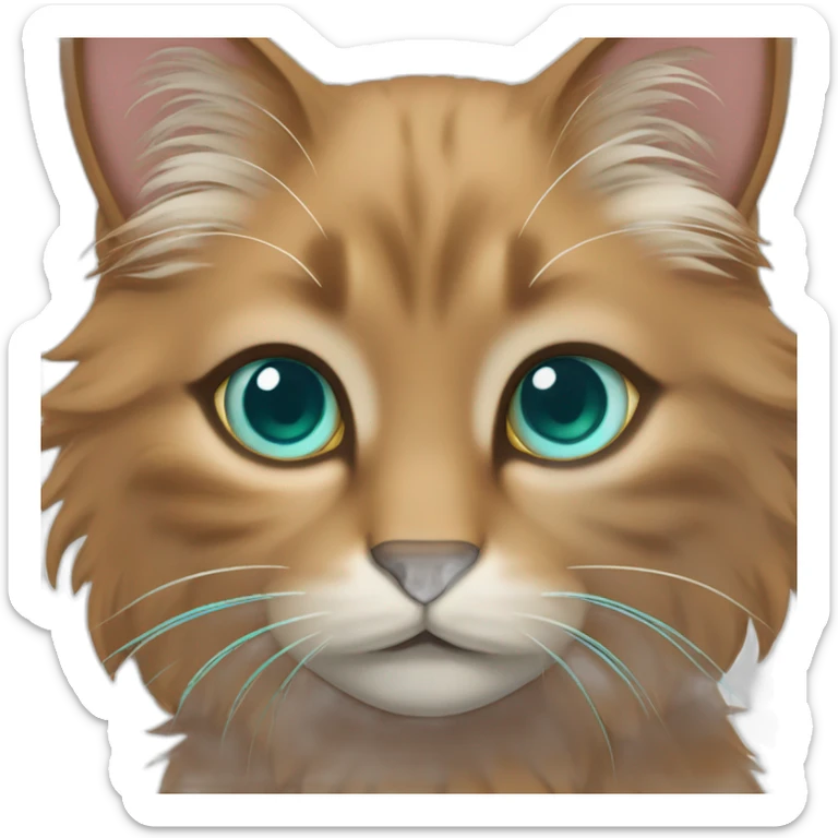 Brown fluffy cat with teal eyes , a lighter brown mane sliver of orange fur at the top of her head sticker