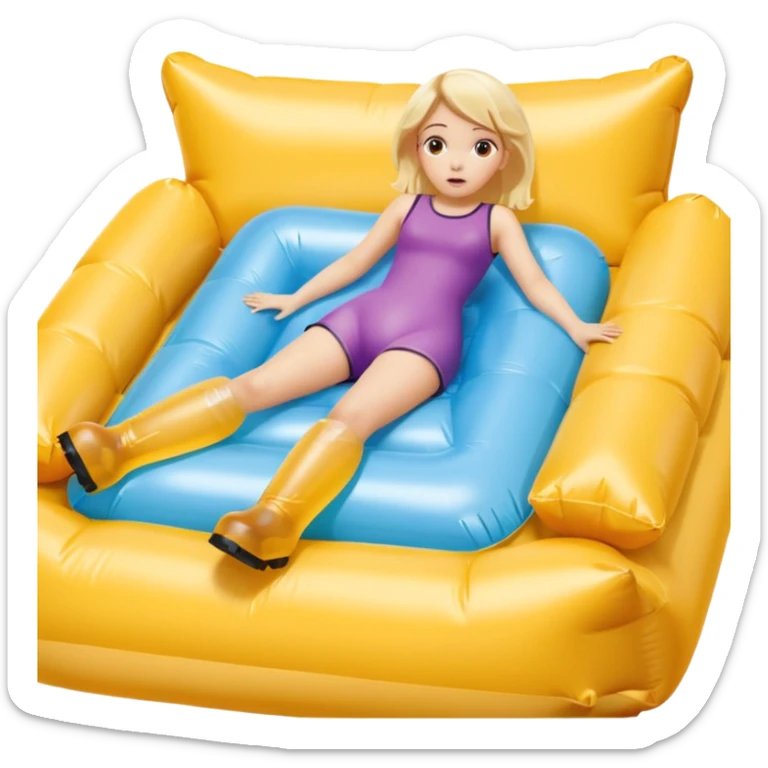 chica rubia con cara de miedo con unas botas de presoterapia gigantes inflables tirada en una cama amarilla sticker