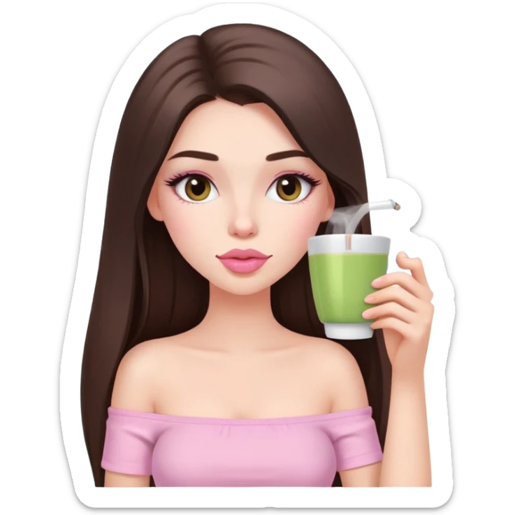 exotic pale girl, very full lips, long straight brunette hair, long lashes, pastel pink tube top, sipping tea  sticker