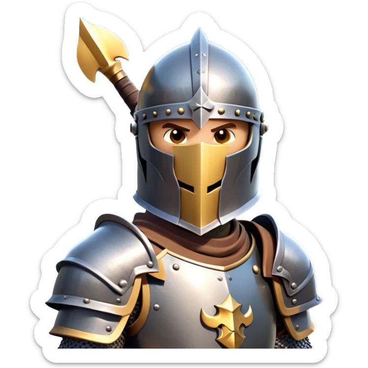 clash-of-clans-aesthetic_-cinematic-fearsome-and-majestic-knight-bust-portrait-emoji, rendered in a flat, vector-style with minimal shading and bold, simplified shapes, depicting a battle-ready medieval knight with steely eyes and intricate armor, mounted on a warhorse reflecting sunlight over a misty battlefield. sticker