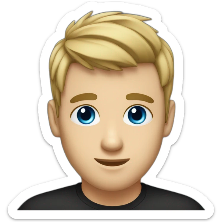 a guy with blue eyes, dark hair and bangs with a top-knot hair cut in a black t-shirt sticker