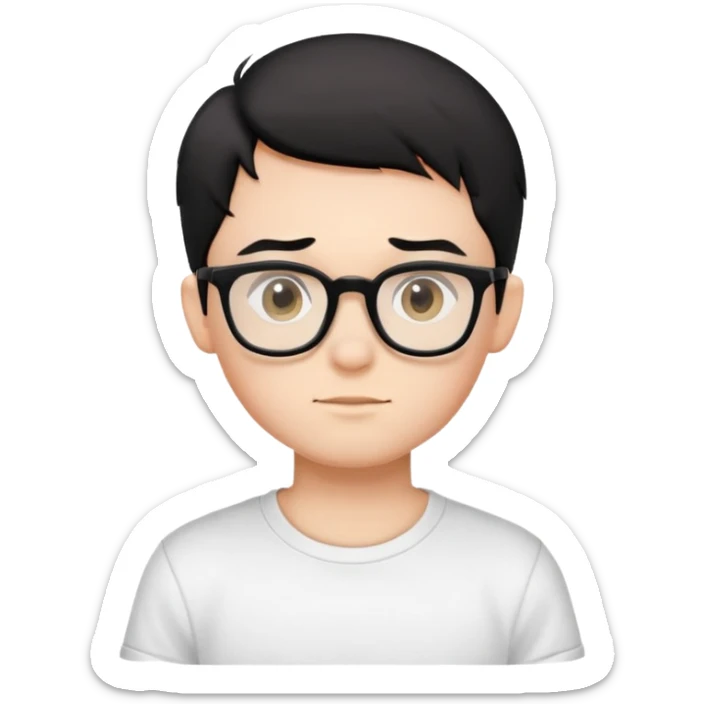 A boy with black-framed glasses, short black hair, and a white T-shirt sticker