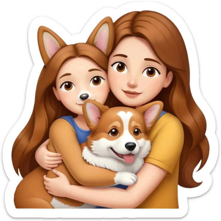 Girl with long brown hair hugs a corgi dog sticker