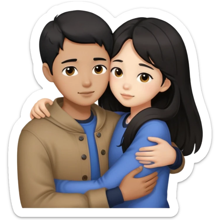 characters hugging each other 1 boy black short hair 1 girl black long hair korean sticker