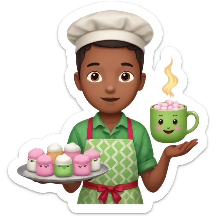 A young black vendor boy with pink cheeks, holding a tray of marshmallow-topped cocoa wearign green patterned apron sticker