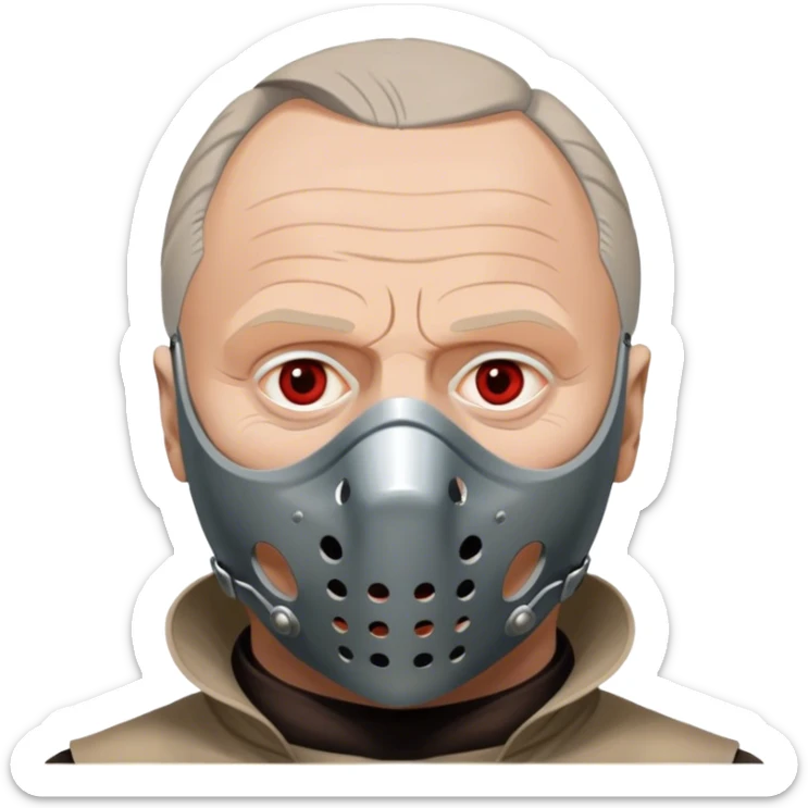 Icon for Hannibal Lecter (Anthony Hopkins): A chilling design with a close-up of Hannibal's face wearing the iconic muzzle mask. Dark, ominous background with sharp lighting to emphasize his intense gaze. A sinister, psychological thriller atmosphere. Transparent background. sticker