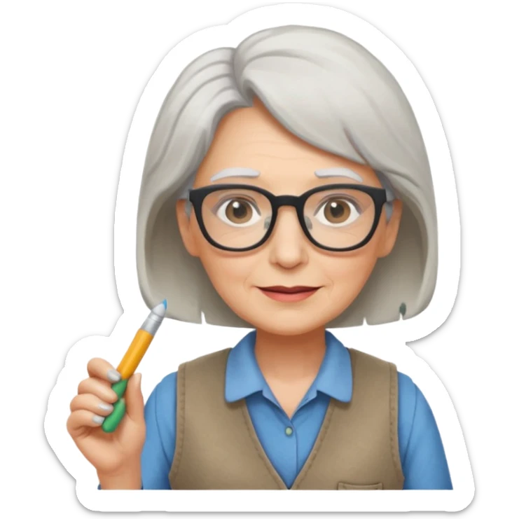 Female Teacher – older woman, similar vest attire, glasses, holding chalk sticker