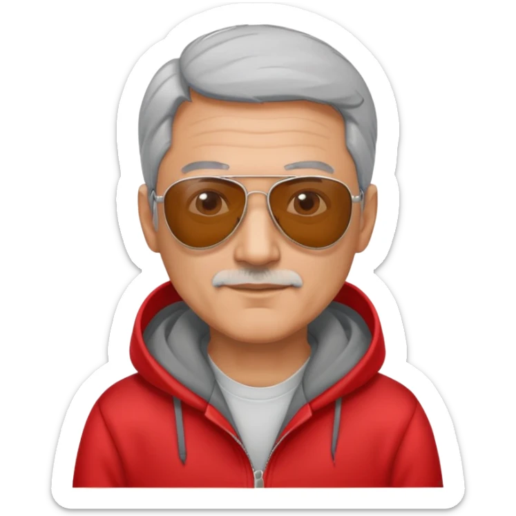 50-year-old man with some grey hair, aviator sunglasses, wearing a red hoodie sticker