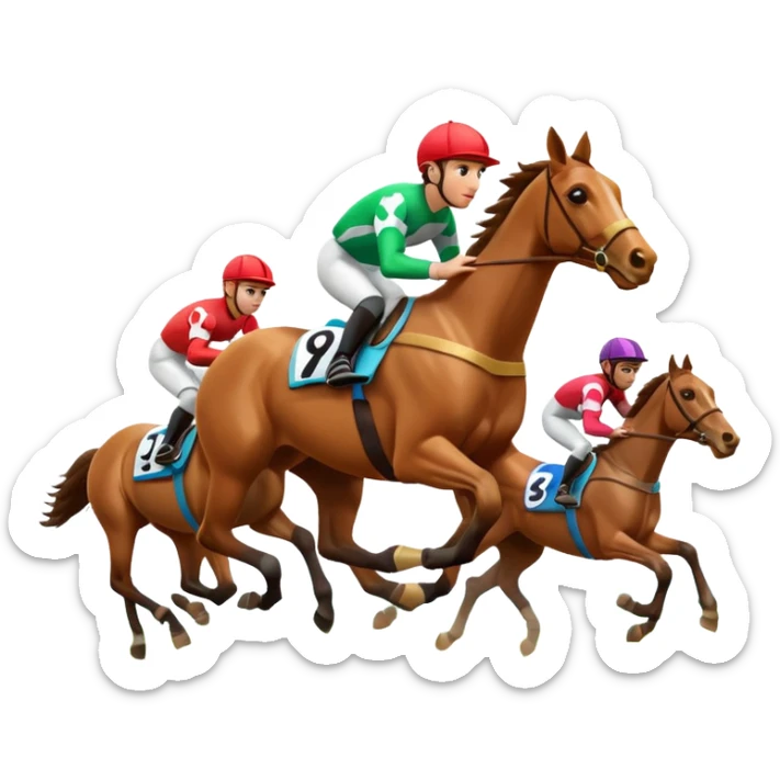A 3D cartoon horse race scene with jockeys in motion, grassy track, bright daylight, Memoji-style rendering. sticker