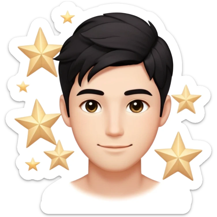 Male Design   Hair - Black textured crop cut with natural flow Face Shape - Oval contour with soft blush gradients Eyes - Left: Almond-shaped eye with sparkle highlights | Right: Glowing five-point star symbol (✨) Expression - Playful smirk with slight dimple sticker