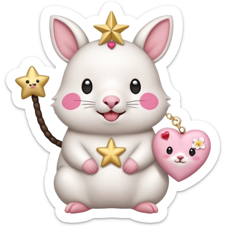 GENERATE ME A MOMONGA WHITE ANIMAL  FROM CHIIKAWA AND PUT A SAKURA FLOWER ON HIS HEAD AND A STAR PELT ON HIS BELLY AND A HEART PURSE ON HIS ARM WITH HIS FACE MAKE HIS TOUNGE STICK OUT WITH A LITTLEPINCH OFDROOL sticker