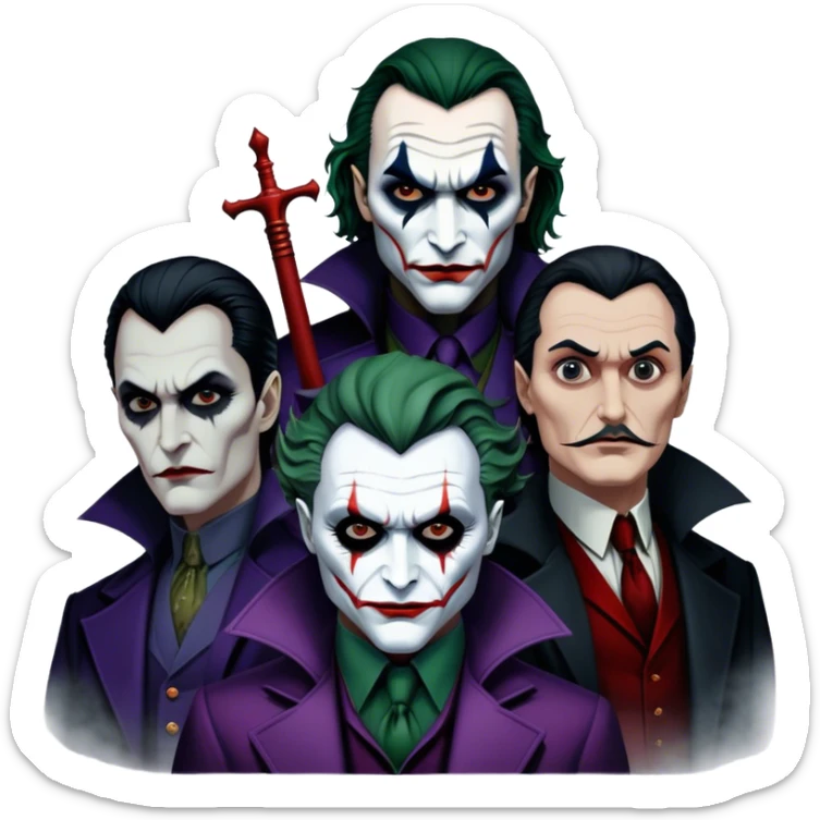 Thriller Movie Icon: A dark, intense collage with close-up images of iconic thriller characters like Joker, Hannibal Lecter, and Vlad Dracula. The background features a moody Gotham City skyline, with shadowy figures and fog. Atmospheric, suspenseful tone. Transparent background. sticker