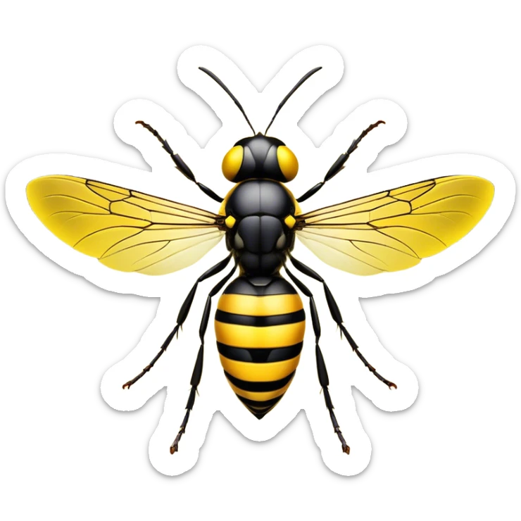 Cinematic Noble Wasp Portrait Emoji, Poised and formidable, with a sleek, slender body in bold yellow and black hues, angular, translucent wings and sharp, focused eyes exuding determined intensity, Simplified yet strikingly defined features, highly detailed, glowing with a cool, assertive radiance, high shine, intelligent and vigilant, stylized with an air of natural precision, focused and alert, soft glowing outline, capturing the essence of a watchful wasp that appears ready to buzz out of the screen with commanding presence! sticker