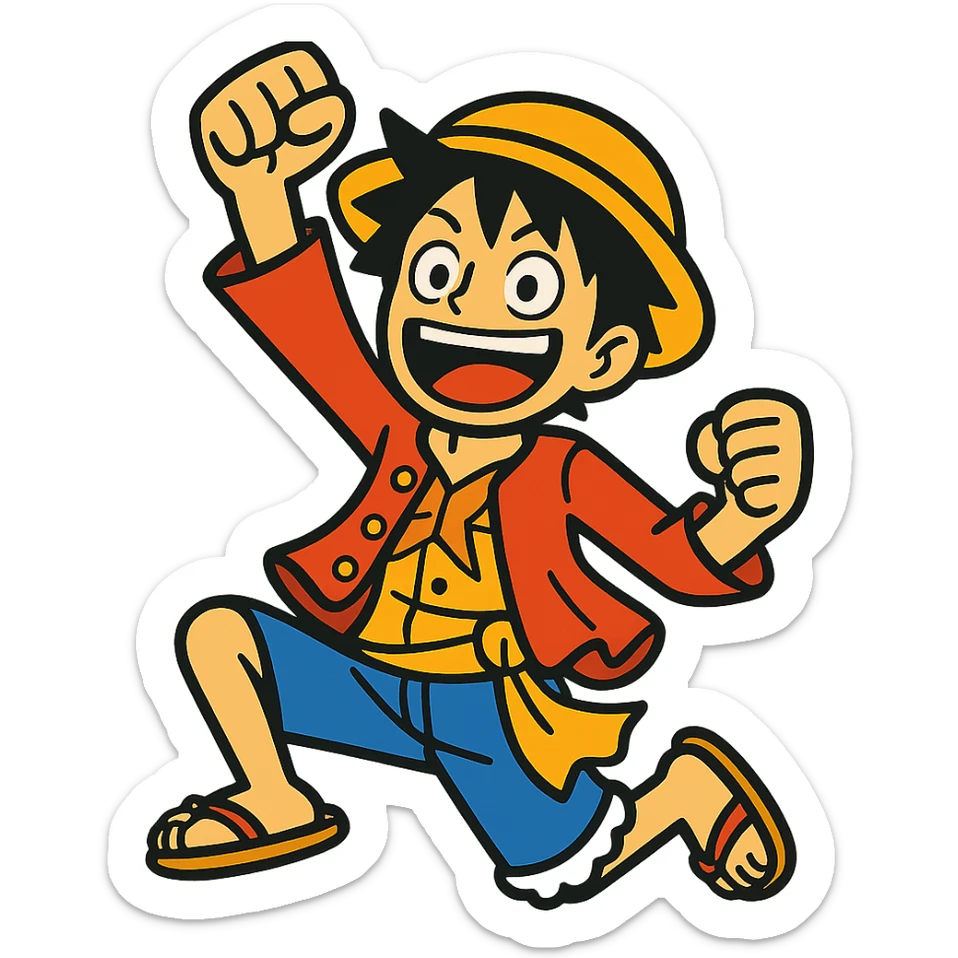 Luffy jumping in the air, excited facial expression, raised fist, vibrant toon style sticker