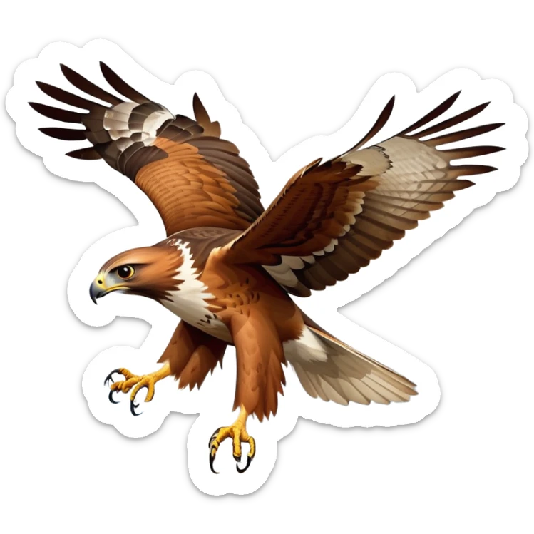 cinematic-red-tailedhawk-realistic-full-body-hunting-emoji,-powerful-brown-and-white-feathered-frame-gliding-over-a-vast-landscape,-sharp-hooked-beak-partially-open,-intelligent-eyes-focused-intensely-on-the-ground-below,-strong-talons-flexing-in-anticipation,-broad-wings-catching-the-wind-with-effortless-grace,-simplified-yet-realistic-focused-features,-highly-detailed,-glowing-with-a-bold-determined-light sticker