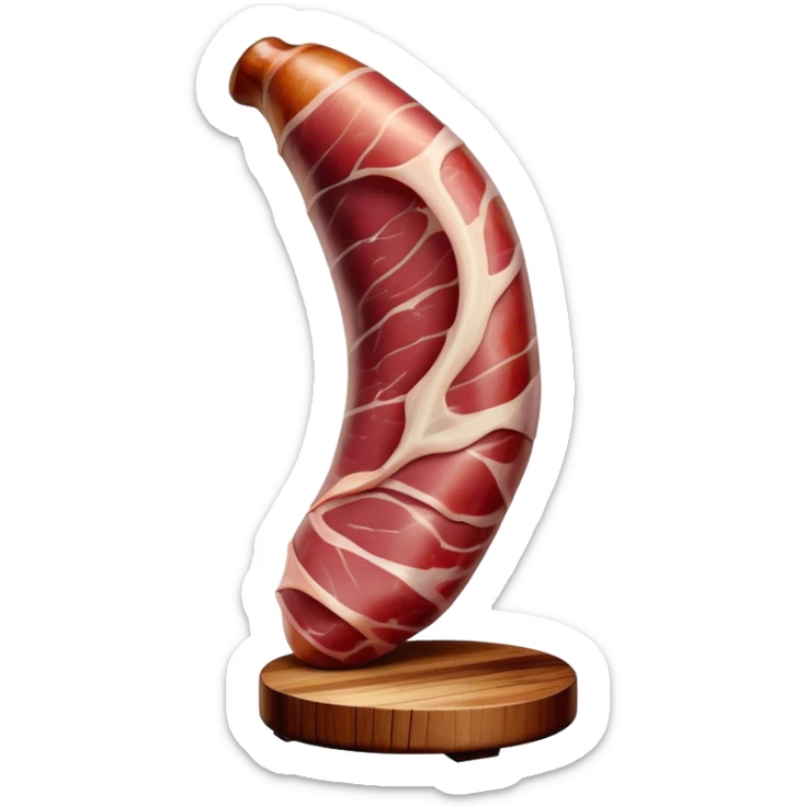 ​Cinematic Realistic Spanish Jamón Leg, depicted as a massive, cured leg of Jamón serrano (ham) with a deep reddish-brown hue, intricately marbled and slightly glossy with age, elegantly displayed on a rustic wooden stand and bathed in warm, soft lighting that accentuates its artisanal heritage, sticker