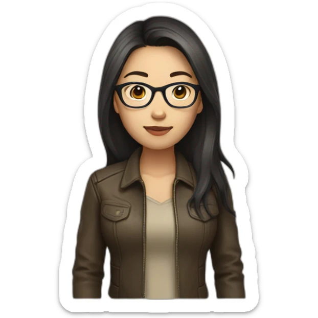 asian girl with glasses and a leather jacket with a  khaki shirt and long dark hair sticker