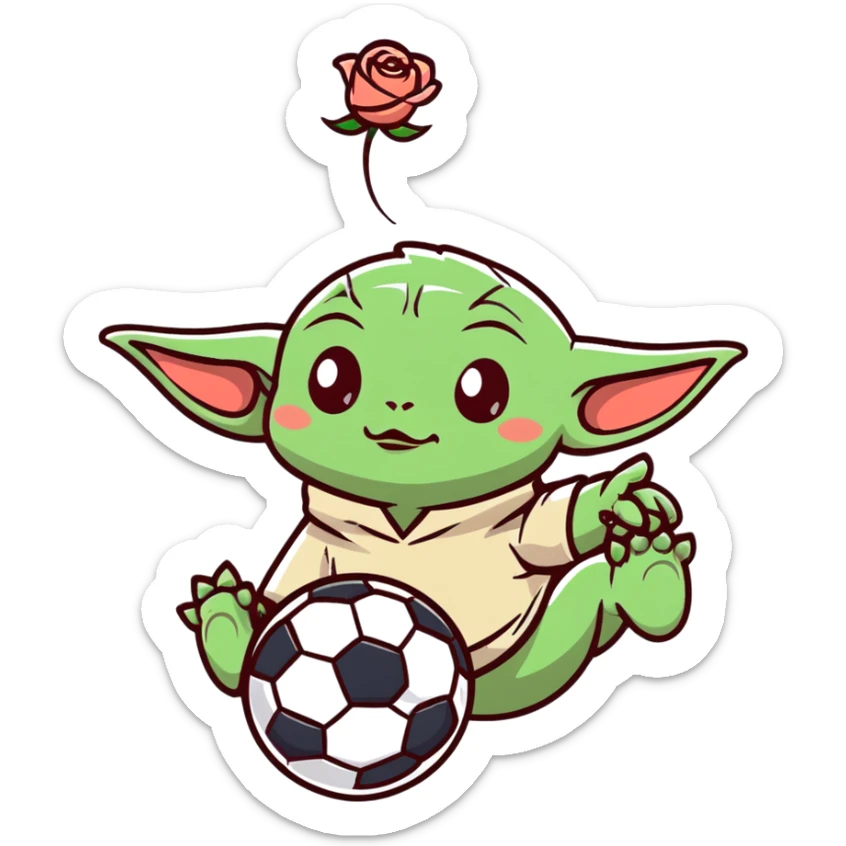 baby Yoda kicking a soccer ball with small roses beside him sticker