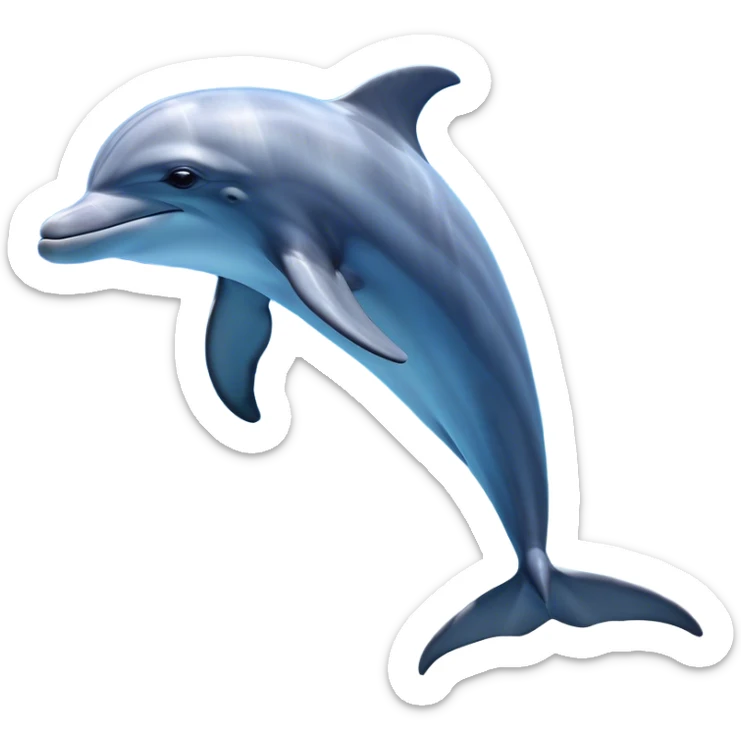 Cinematic Noble Dolphin Portrait Emoji, Poised and graceful, with a sleek, streamlined body of smooth, silvery-blue skin and a gentle, arched dorsal fin, deep, soulful eyes exuding intelligence, Simplified yet sharp and sophisticated features, highly detailed, glowing with a soft, aquatic luminescence, high shine, intelligent and elegant, stylized with an air of oceanic majesty, focused and fluid, soft glowing outline, capturing the essence of a watchful and confident marine guardian that seems ready to leap out of the screen with effortless authority! sticker