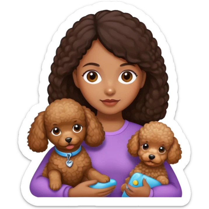 girl with dark hair long and skin tone brown holding toy poodle sticker