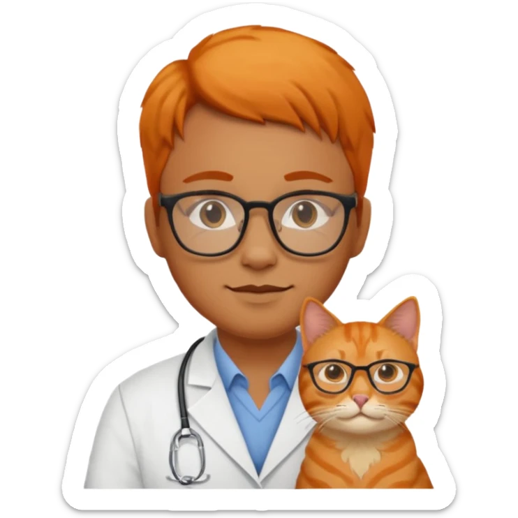 Veterinario trigueño con lentes y  un gato naranja sticker