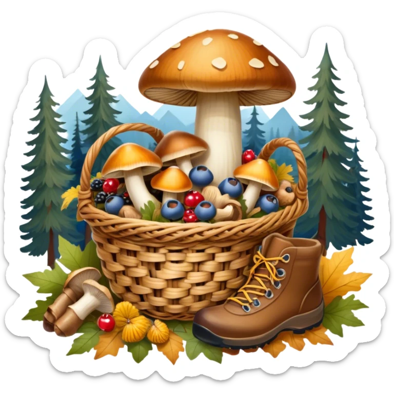 Icon for Mushroom and Berry Tourism: a basket filled with mushrooms chanterelles, boletus and aspen and berries, surrounded by forest elements like trees, leaves and a hiking boots. The icon should capture the joy of foraging in nature. Transparent background. sticker