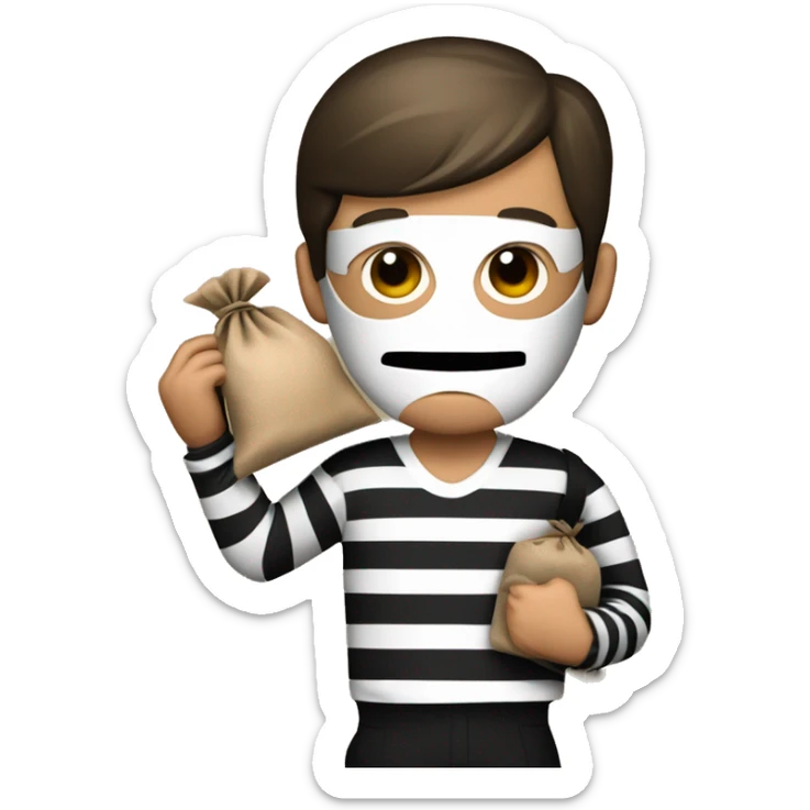 Bank robber wearing black and white striped shirt black eye face mask and holding a brown sack over the shoulder that has the dollar symbol sticker